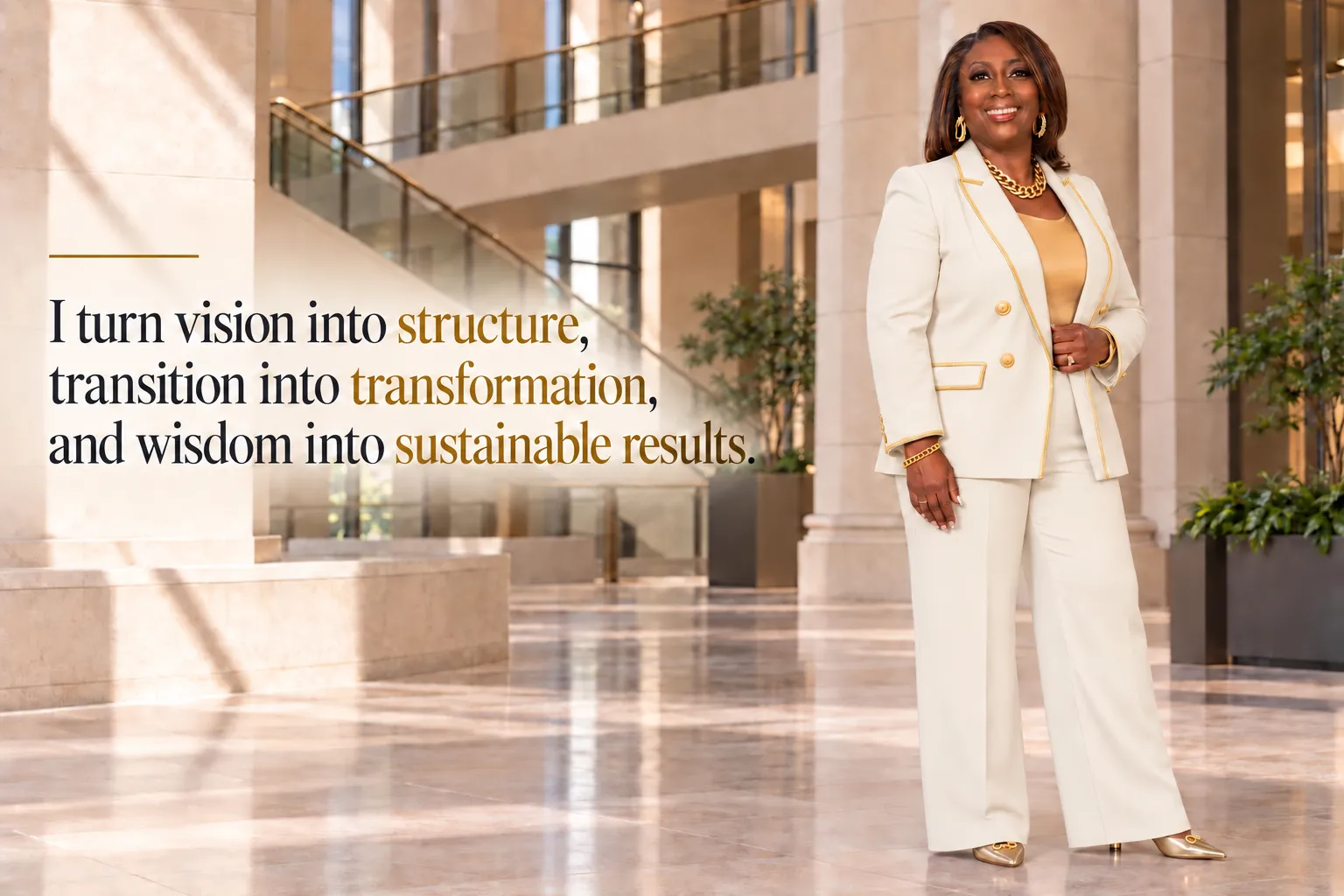 Paulette K. Broach in a cream suit in a sunlit marble atrium, beside the words: "I turn vision into structure, transition into transformation, and wisdom into sustainable results."